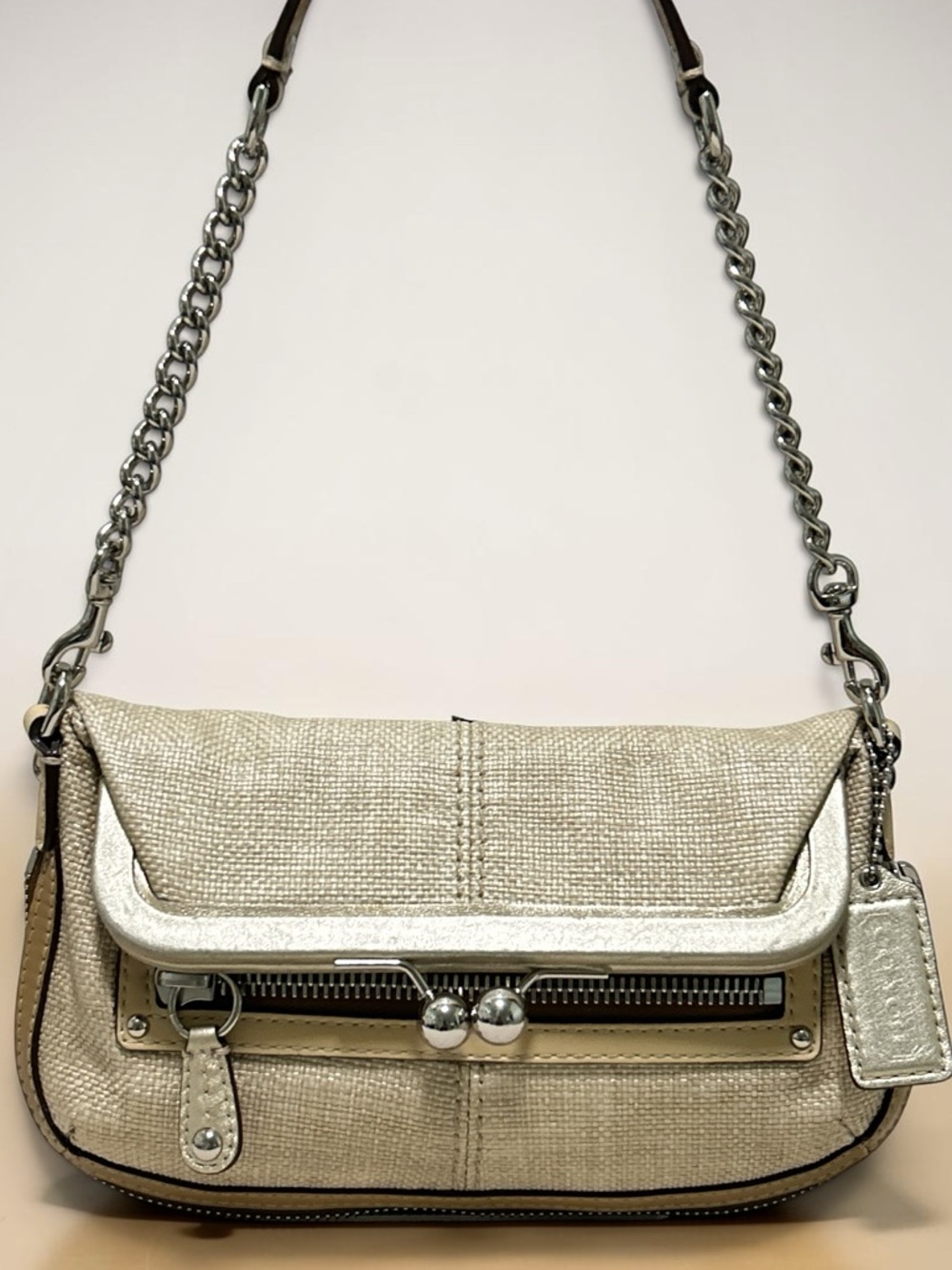 COACH Y2K Bonnie Kiss Lock Frame Fold Over Straw w/Leather Trim Demi ShoulderBag
